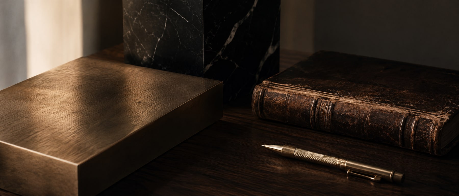 Détail de matière — bronze brossé, pierre, bois, carnet