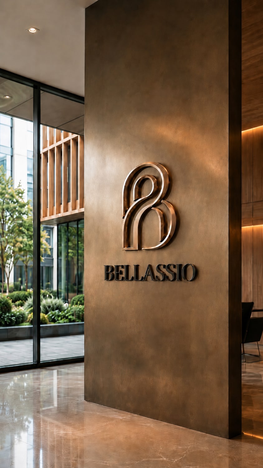 Hall d’accueil Bellassio — signalétique bronze, lumière de fenêtre haute