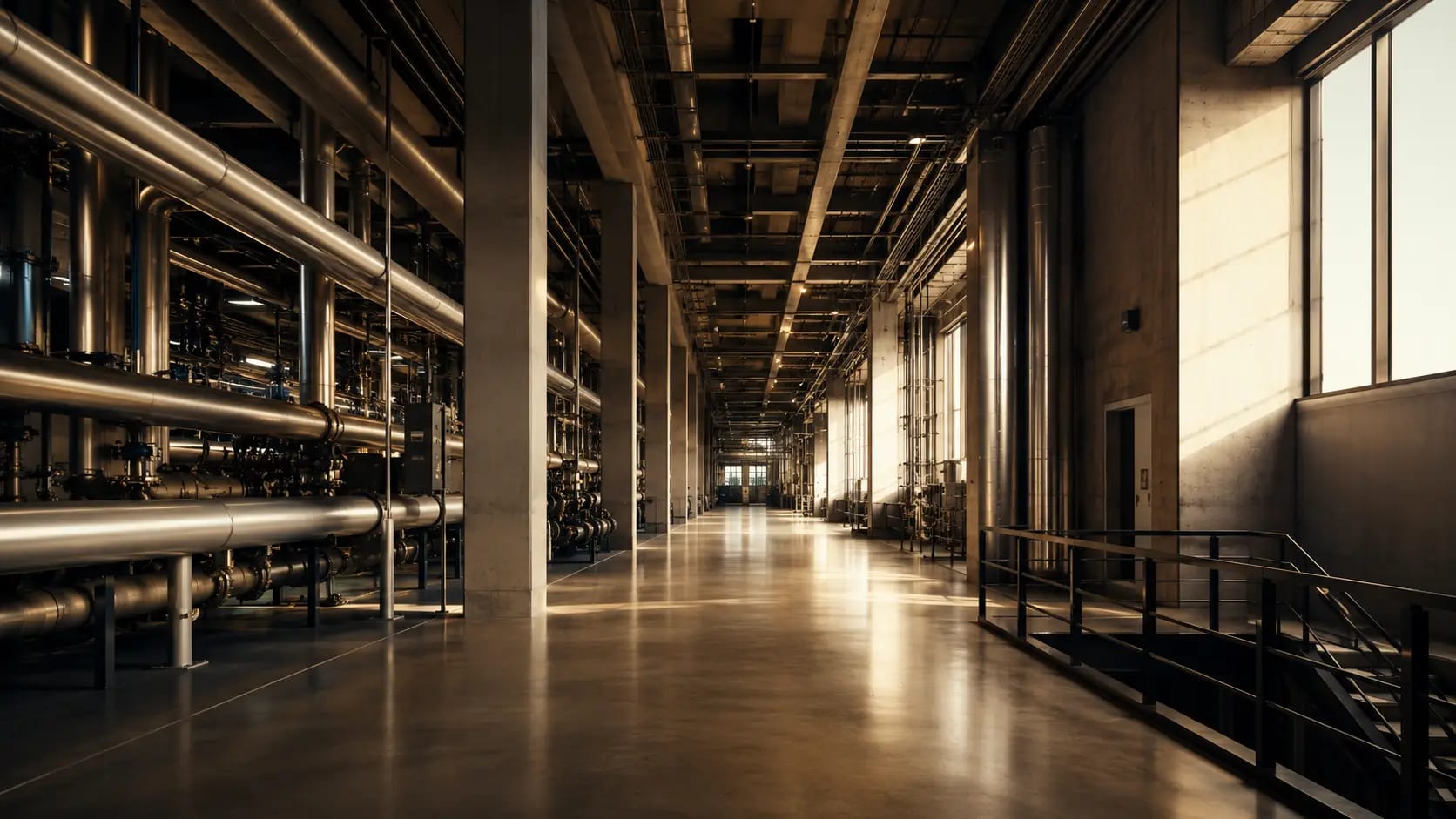 Halle industrielle, réseaux de tuyauterie et lumière latérale